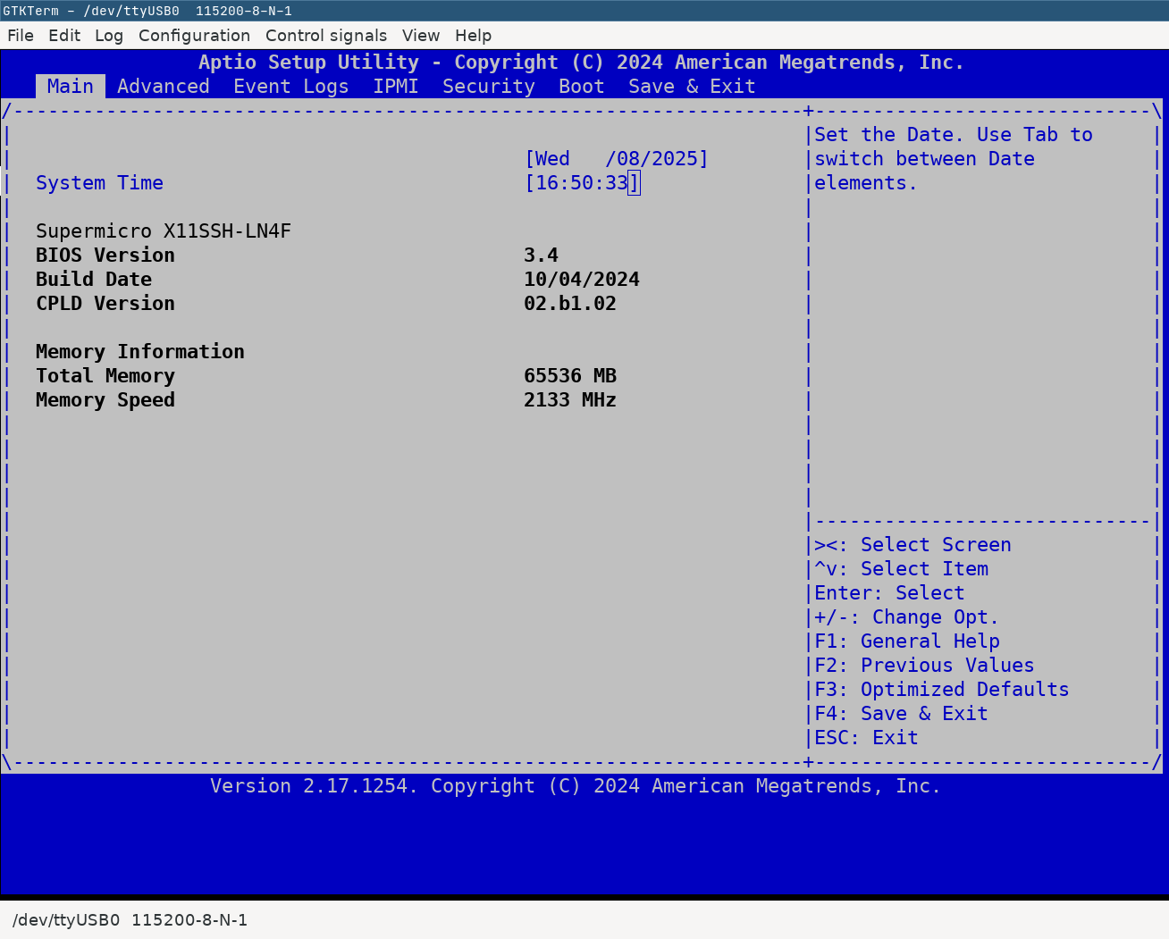 A screenshot showing the firmware (BIOS) of a Supermicro
motherboard, through a serial console.