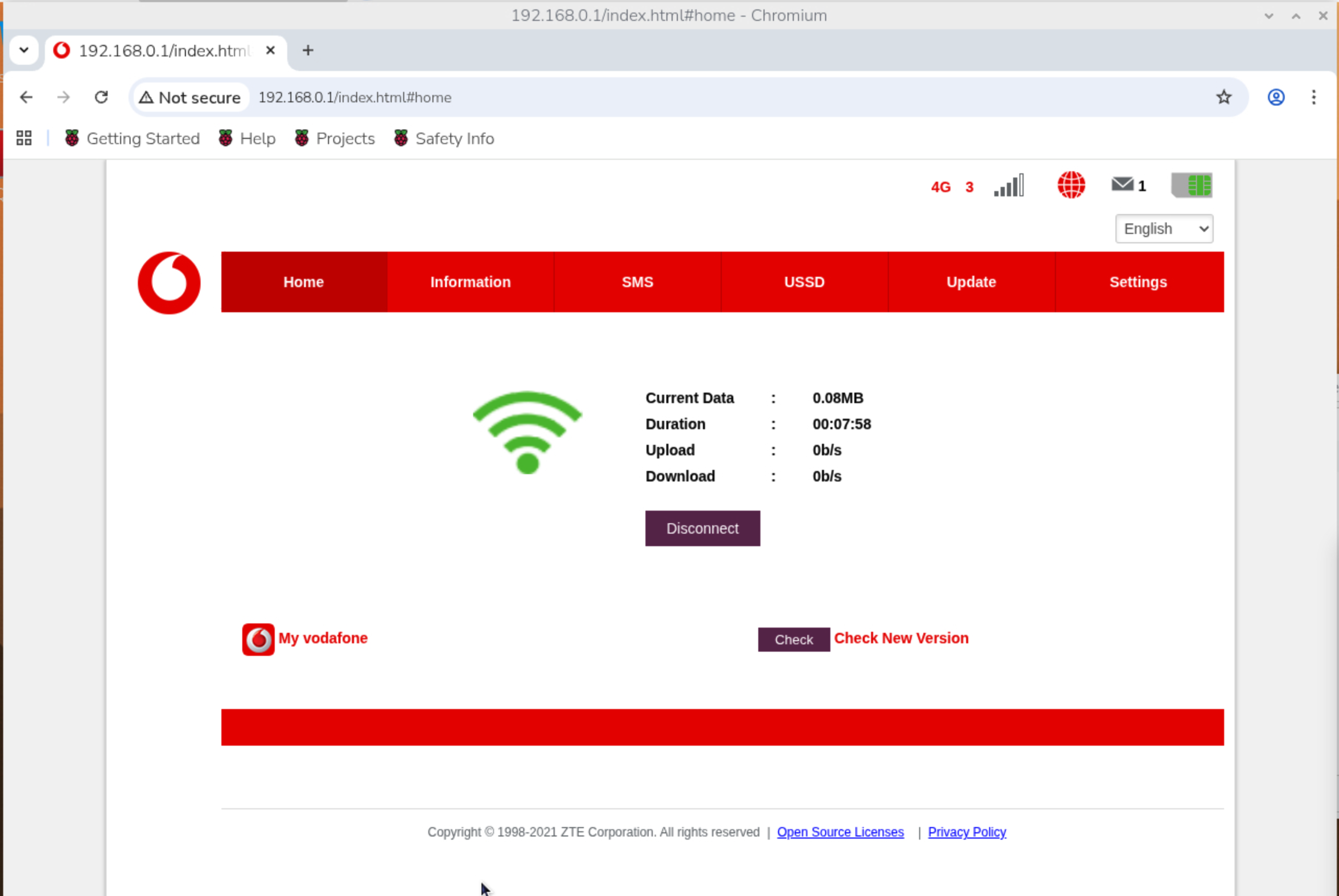 A screenshot showing Vodafone USB LTE dongle interface
