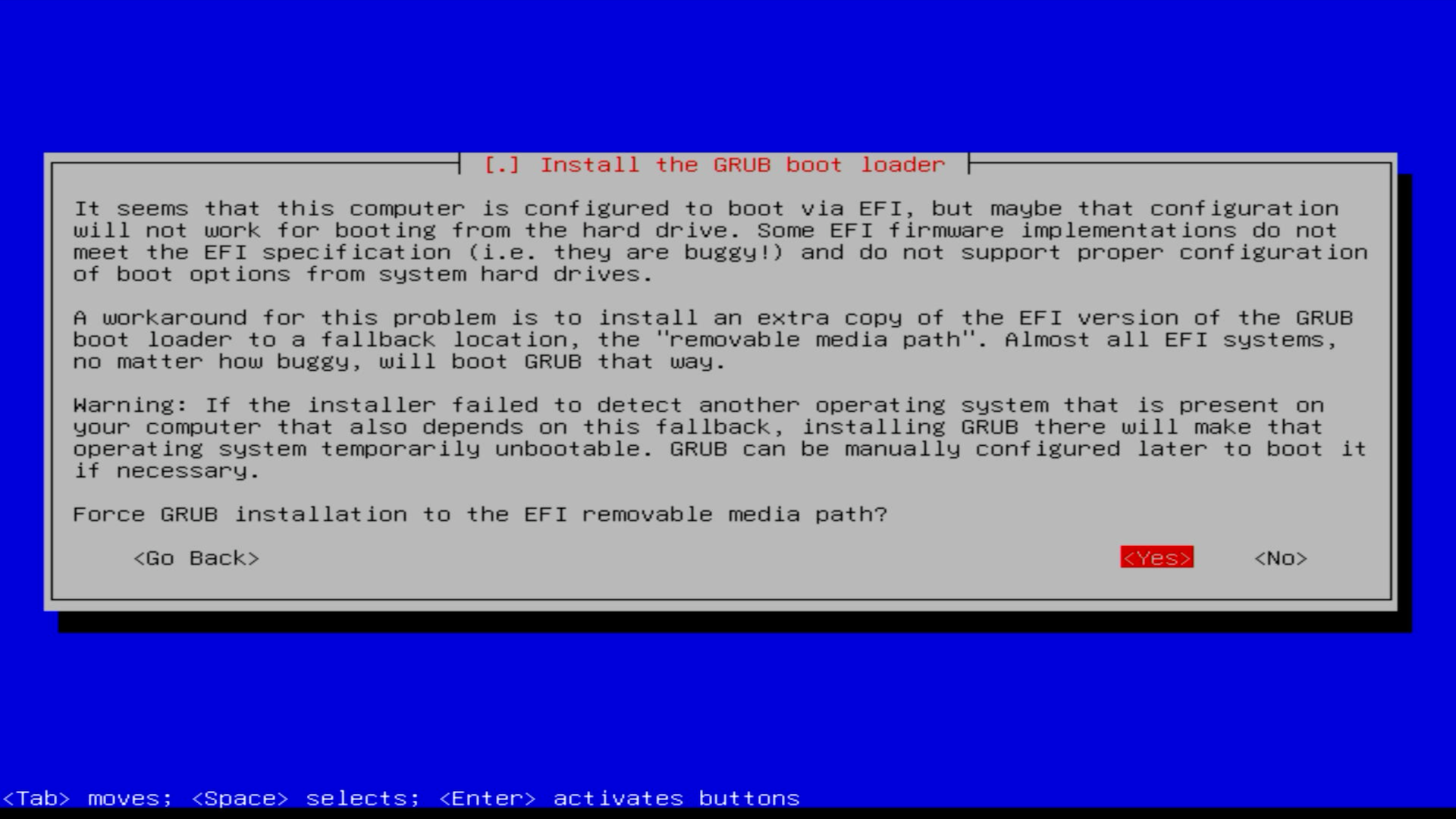 A screen capture showing the Debian installer during
           installation of the GRUB boot loader. It is asking whether to Force
           GRUB installation to the EFI removable media path. Yes has been
           selected.