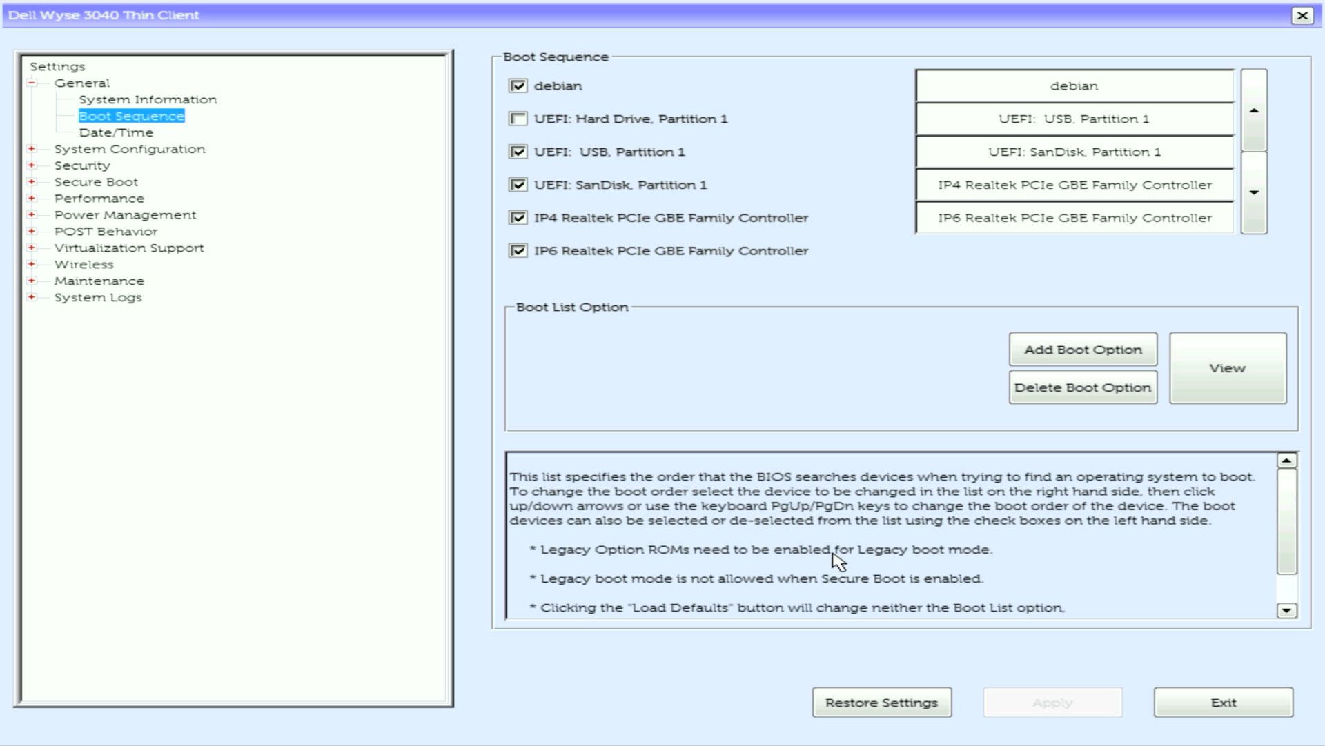 A screen capture of a Dell Wyse 3040 firmware (BIOS) showing
           the boot sequence. The UEFI: Hard Drive, Partition 1 option has been
           disabled.